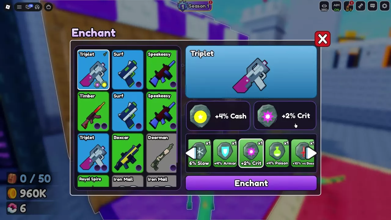 Triplet with +4% Cash and +2% Crit in its two slots, rune inventory below, and the Enchant button.