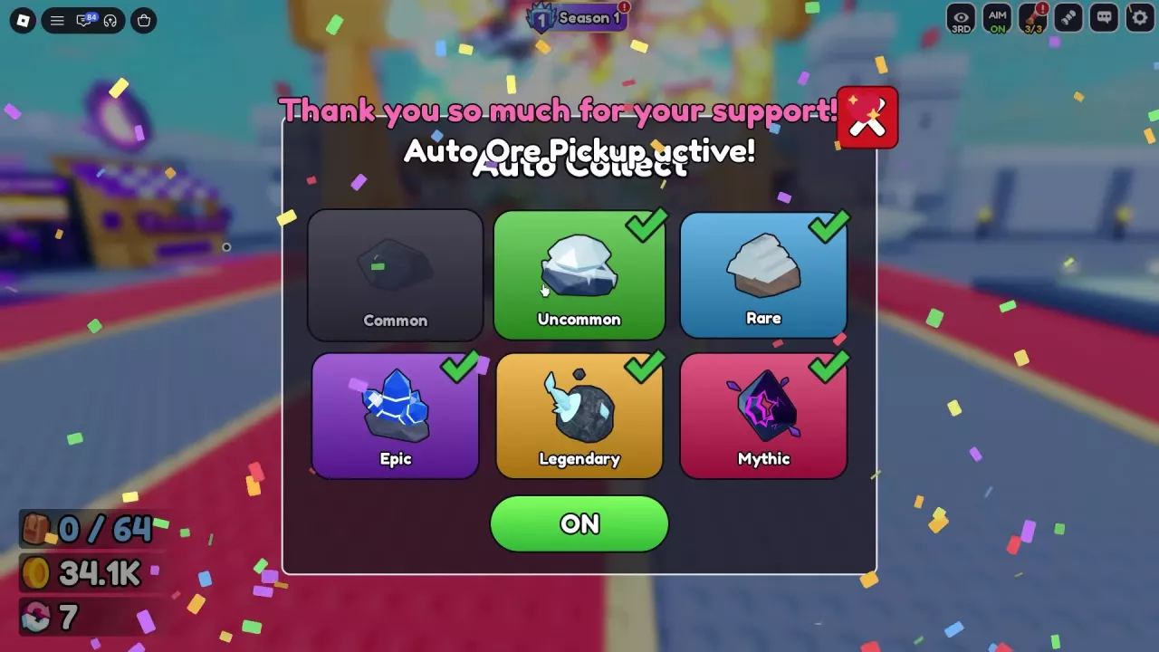 Auto Collect settings with Common unchecked, the other five rarities selected, and the switch set to ON.
