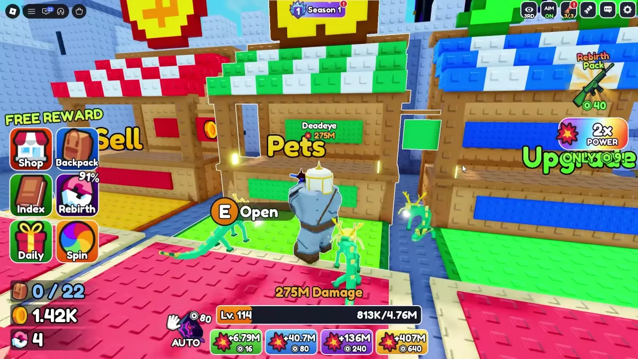Pets stall between Sell and Upgrade with the E Open prompt.
