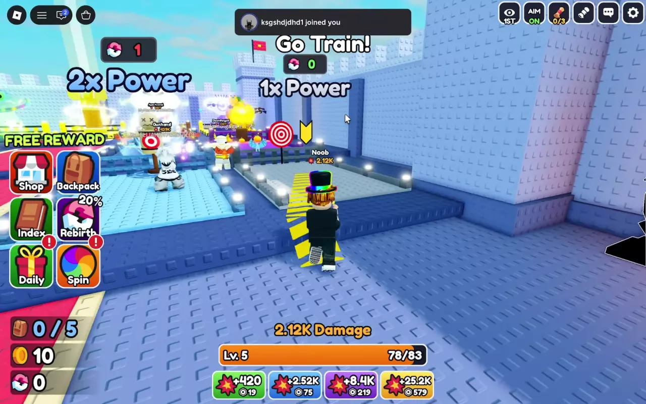Yellow arrows lead to the gray 1x Power training pad marked for zero rebirths.