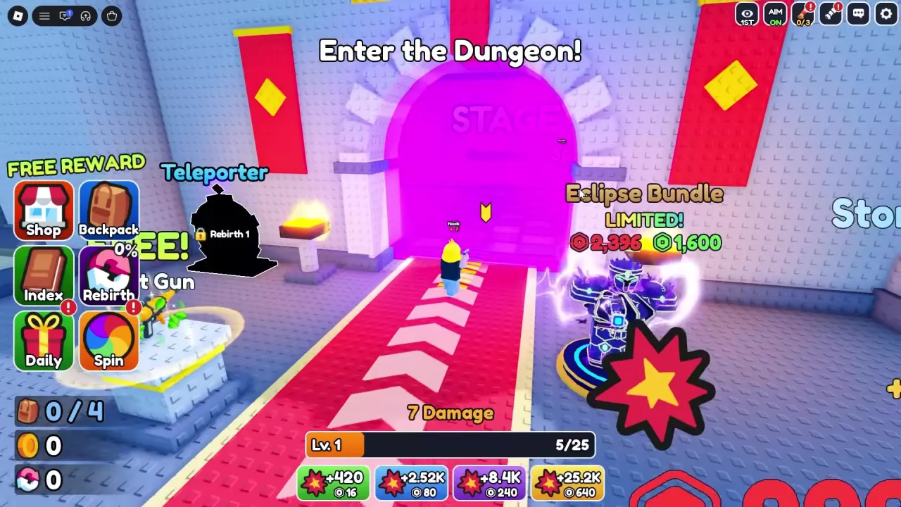 Teleporter beside the purple Dungeon entrance displays a Rebirth 1 lock.