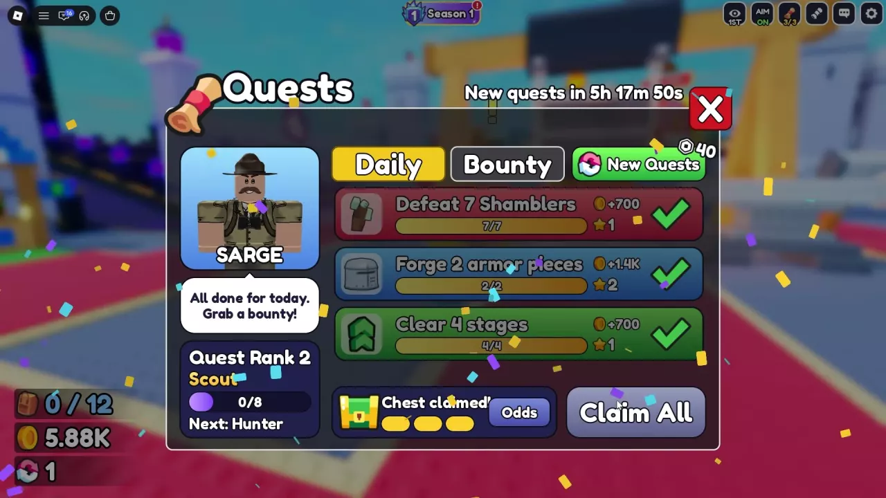 Completed Daily quests, a claimed Daily Chest, and Scout rank with Hunter listed next.