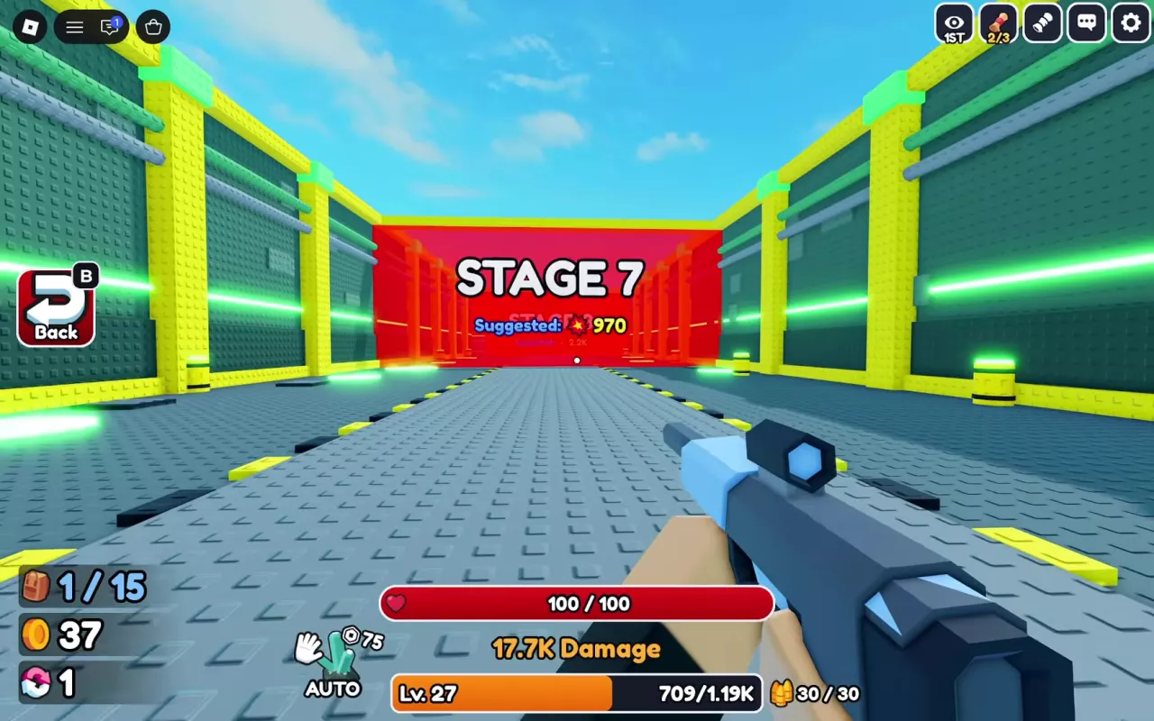 First-person Dungeon view with the eye-icon camera button at the top right and Back (B) on the left.