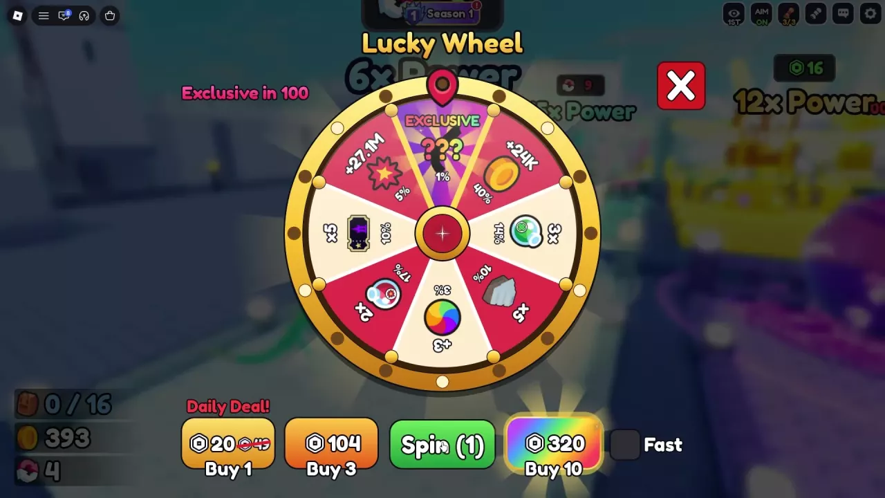 Lucky Wheel with 24K Cash, 27.1M Power, reward percentages, and one available spin.