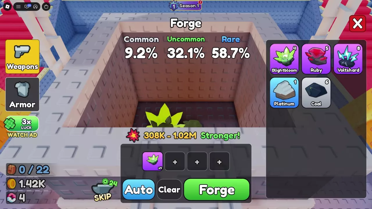 Weapons forge with four Blightbloom selected, rarity chances, and a Power preview of 308K–1.02M.