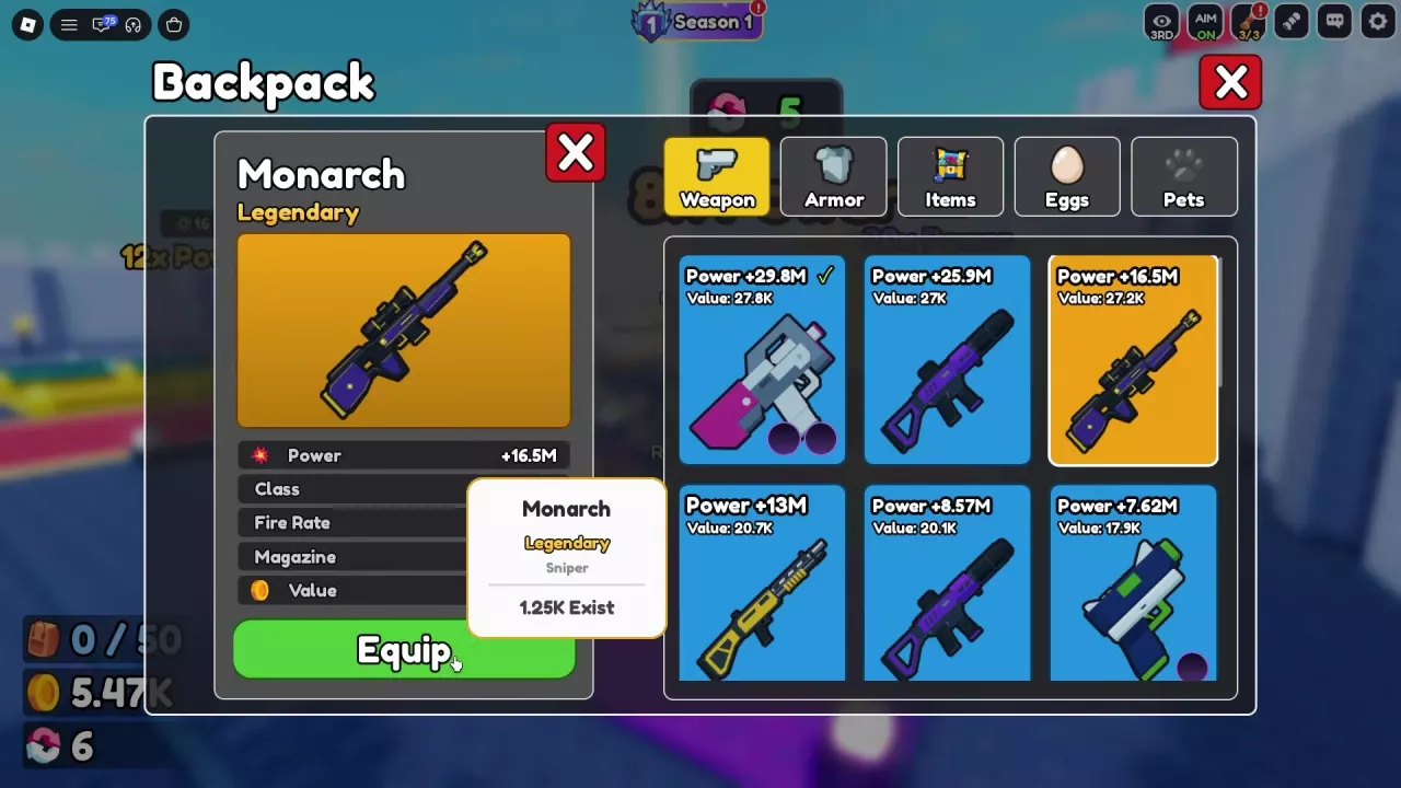 Backpack Weapon tab with Monarch selected, its Equip button, and a checkmark on the equipped Triplet.