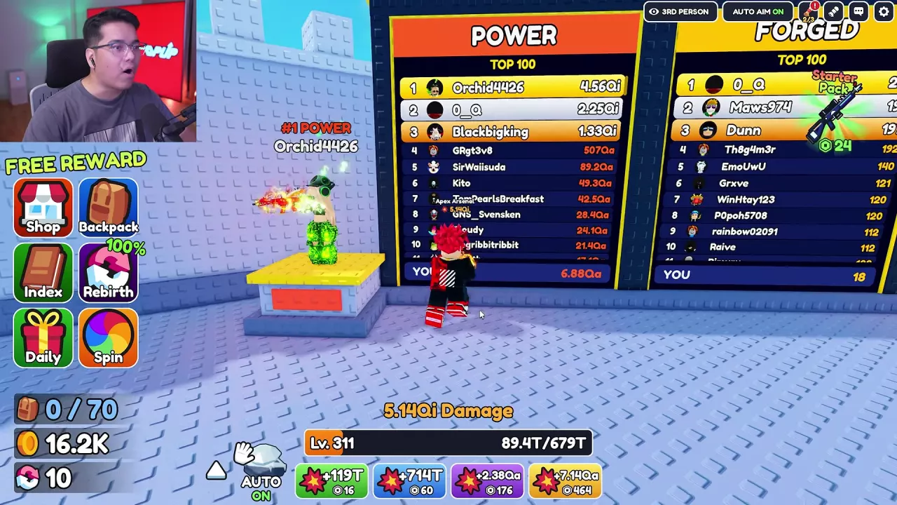 POWER and FORGED boards with YOU rows, while the HUD separately displays Damage.