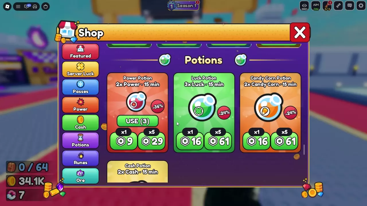 Gun Forge Potions menu with the Power Potion USE button and single-bottle and five-bottle purchase options.
