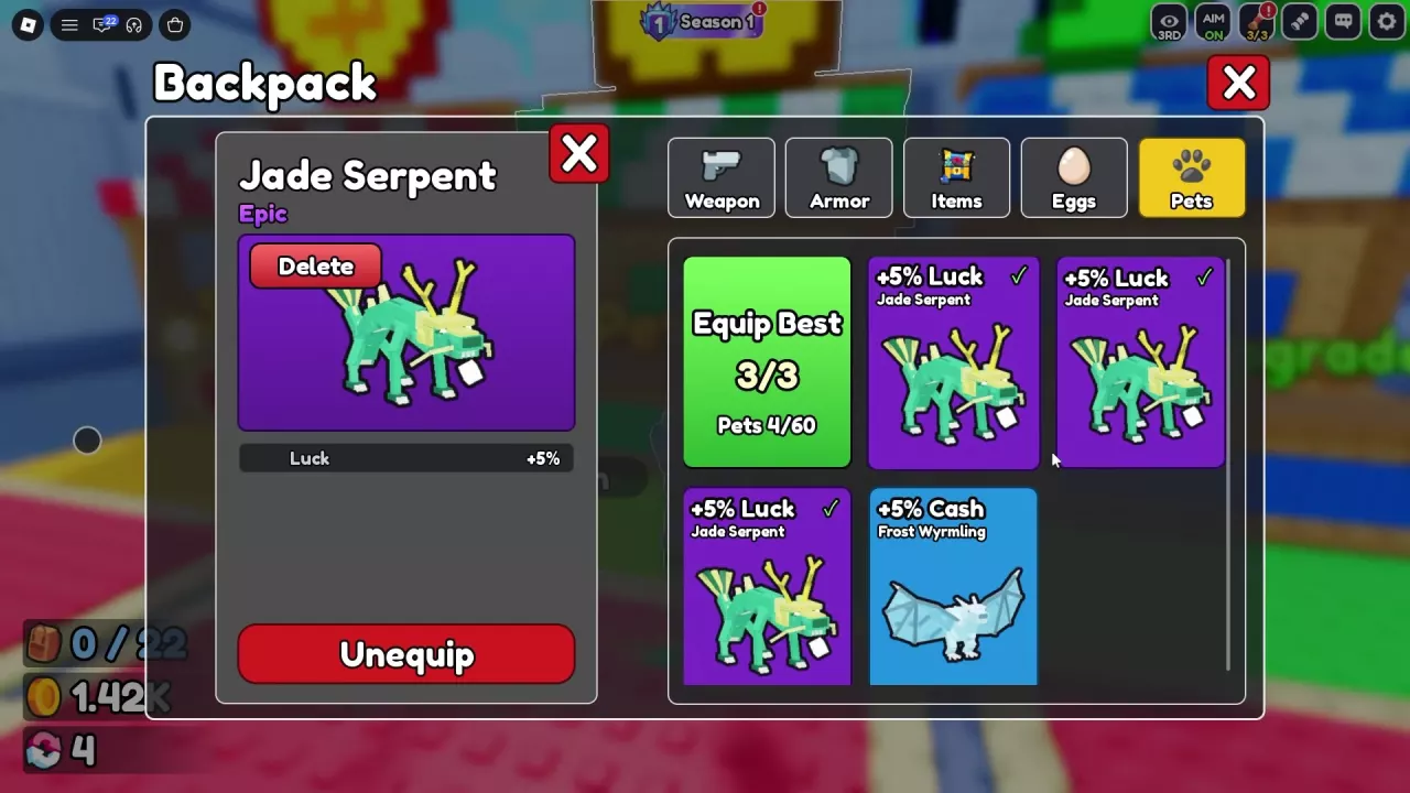 Backpack Pets menu showing three checked Jade Serpents, the 3/3 equipped counter, Equip Best and Unequip.