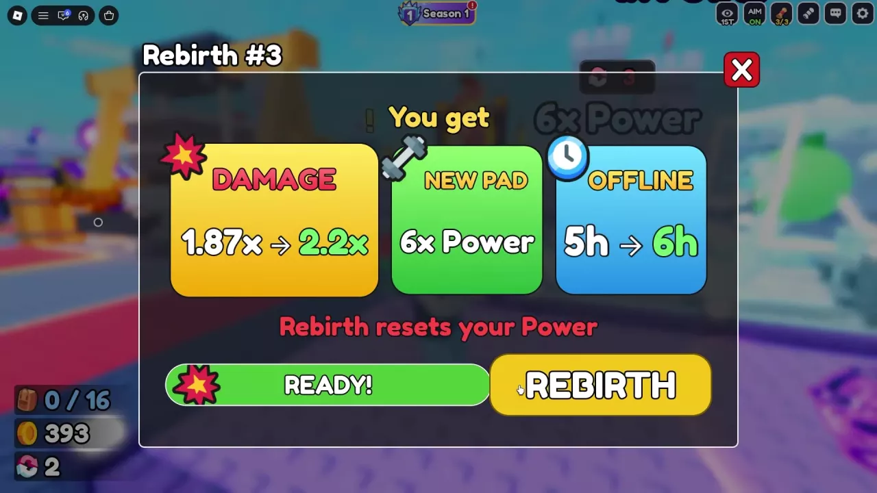 Rebirth #3 panel showing READY, the yellow REBIRTH button and damage, training-pad and offline-time rewards.
