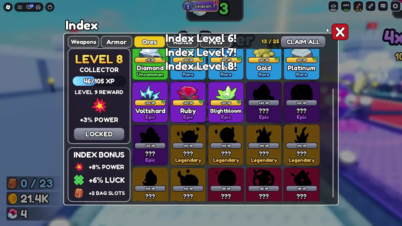 Level 8 Ores Index showing entry XP, accumulated bonuses, and the next Power reward.