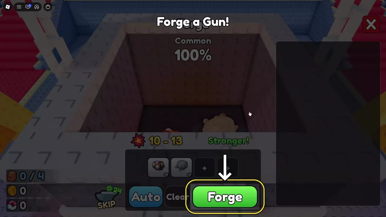 Iron &times;2 and Stone &times;2 selected, with the green Forge button ready to start.