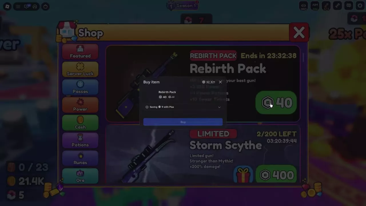 Rebirth Pack purchase confirmation showing a 40-Robux price over the Featured shop.