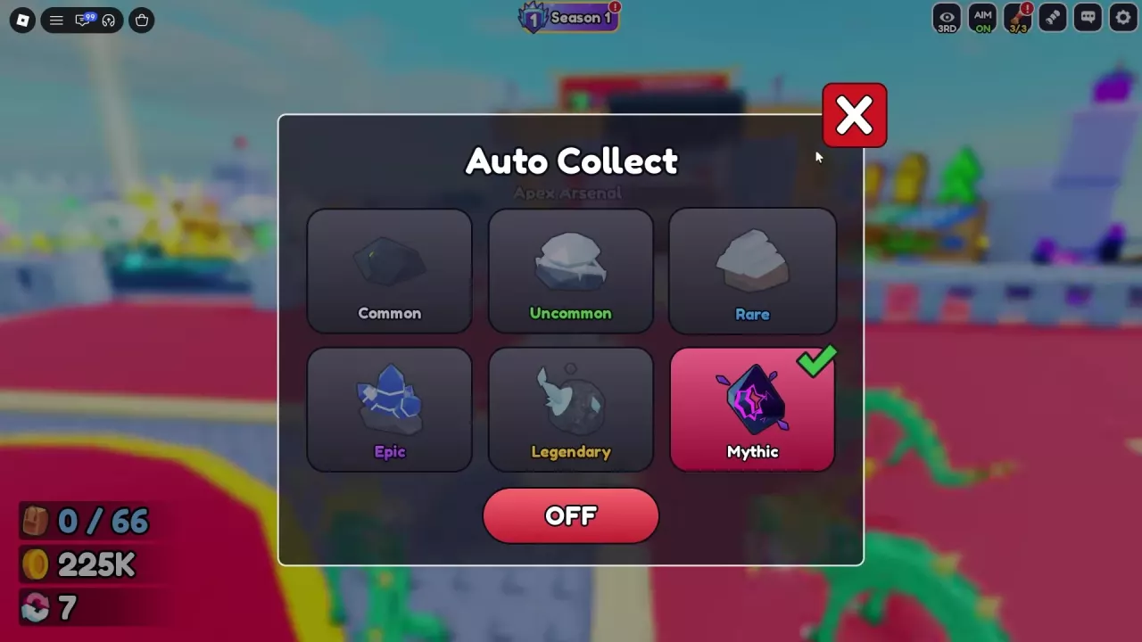 Auto Collect rarity settings with Mythic selected and the separate collection switch set to OFF.