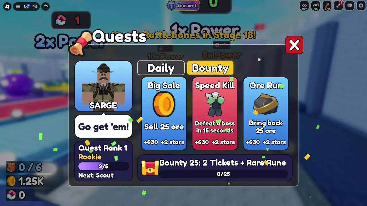 Big Sale, Speed Kill and Ore Run cards above the separate Bounty 25 reward bar.