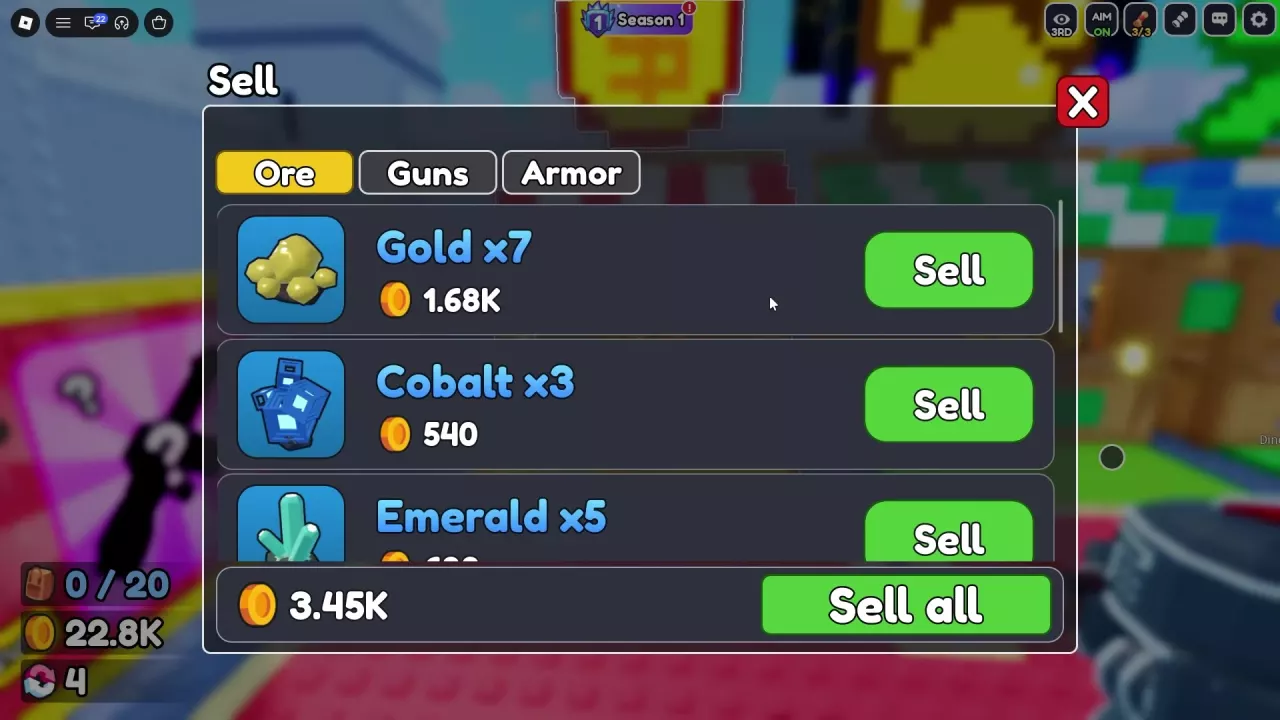 Ore sale menu showing Gold and Cobalt stack quantities, Coin quotes, and individual Sell buttons.