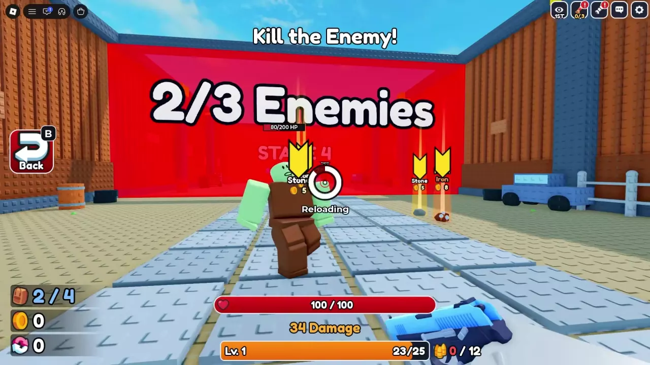 A red Dungeon gate shows 2/3 Enemies while the gun reloads.