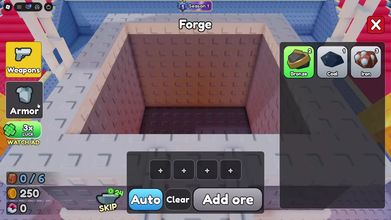 Forge interface with Weapons and Armor tabs, ore inventory, four material slots, Auto, and Clear.
