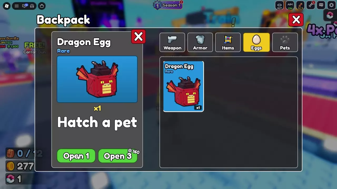 Dragon Egg selected in Backpack's Eggs tab with the Open 1 button.