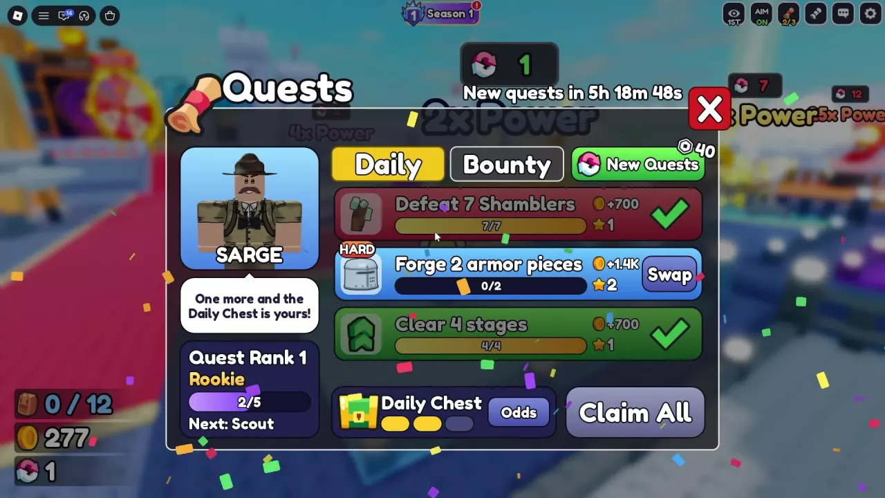 Daily quest panel with two claimed objectives and the armor-crafting objective still at 0/2.