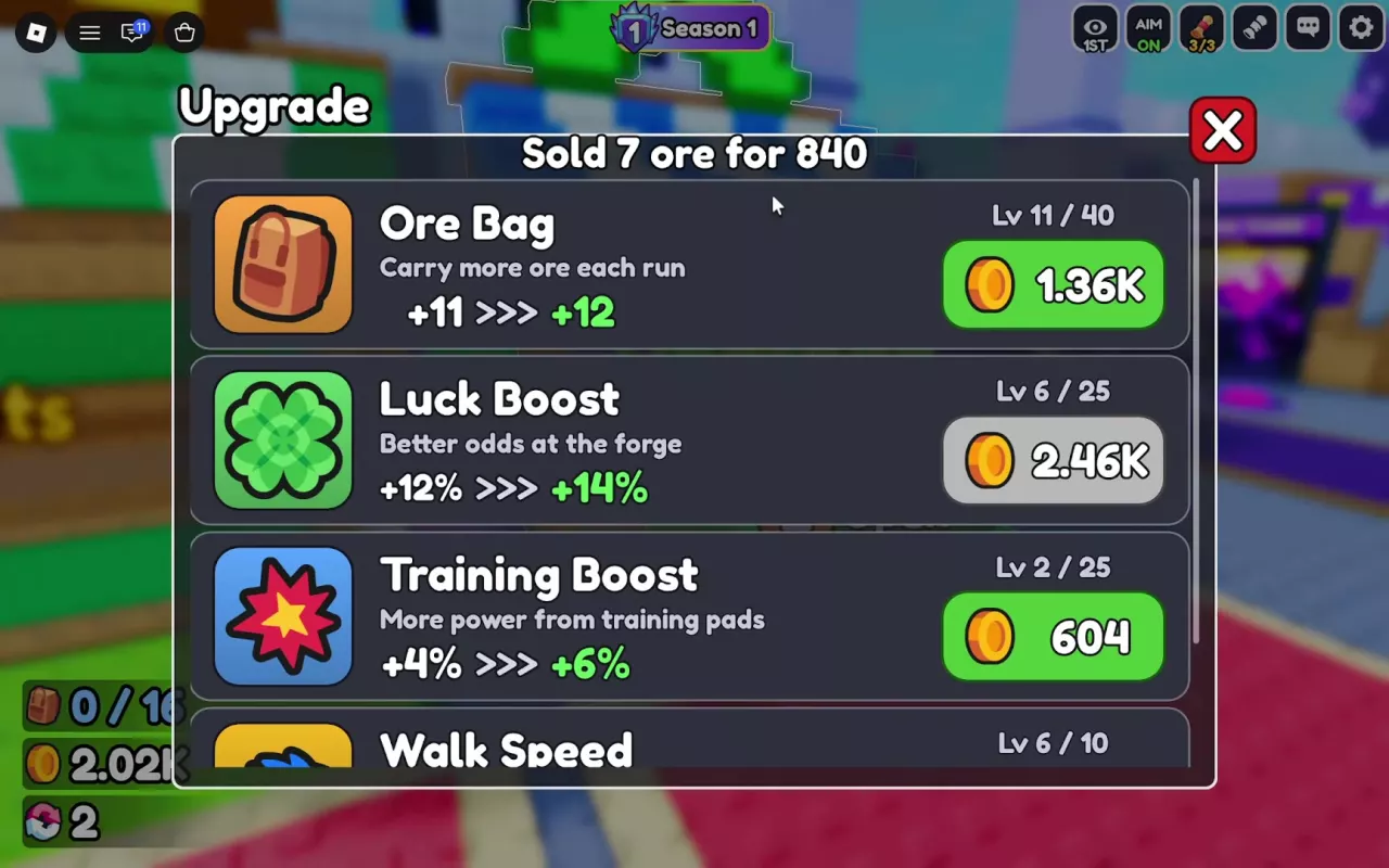 Gun Forge Upgrade menu with current levels, next bonuses, and Coin purchase buttons.