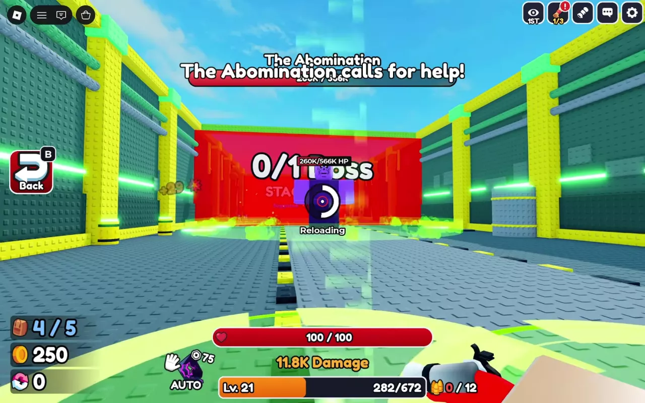 The Abomination calls for help as a bright green warning circle and translucent column surround the player's position.