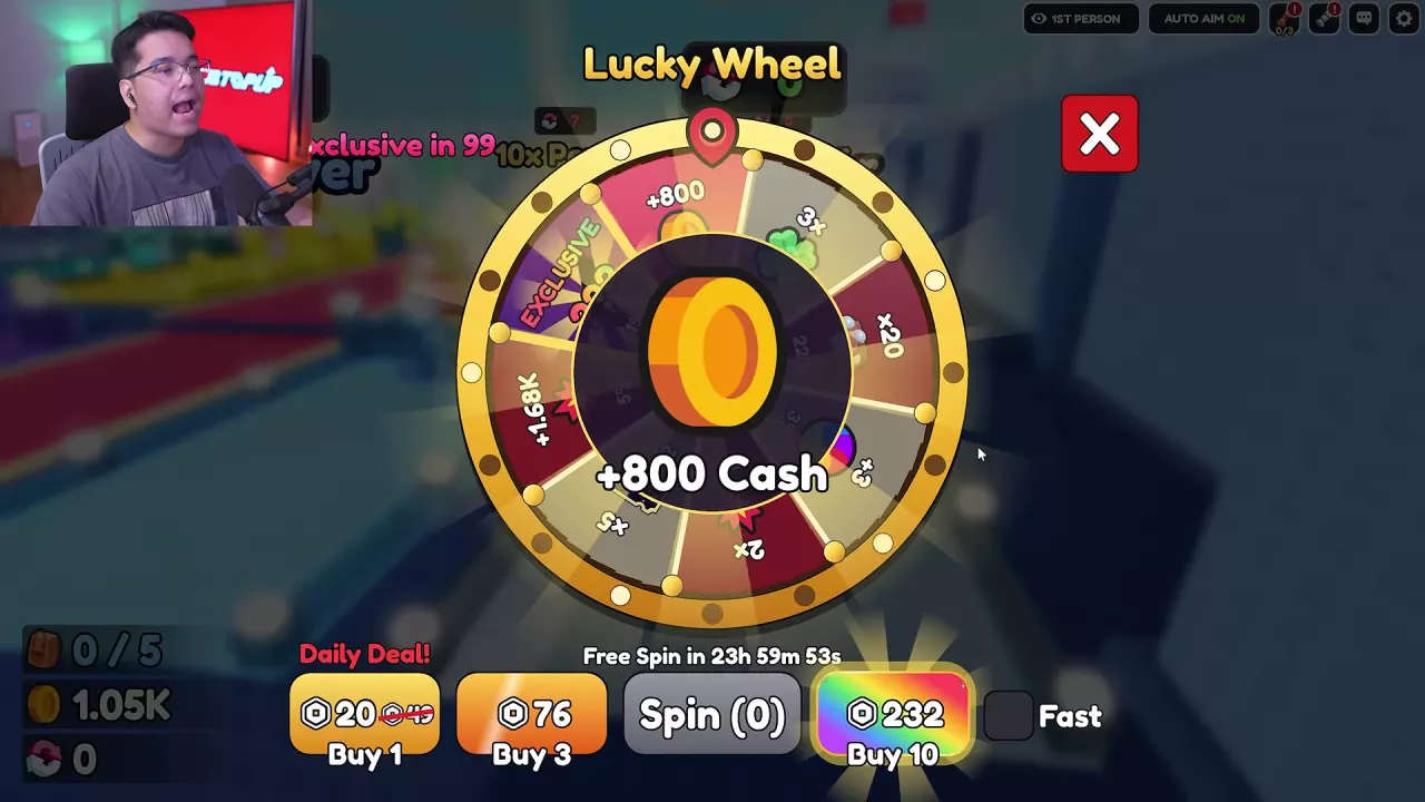 Lucky Wheel result awarding 800 Cash, with Spin (0) and a countdown just under 24 hours.