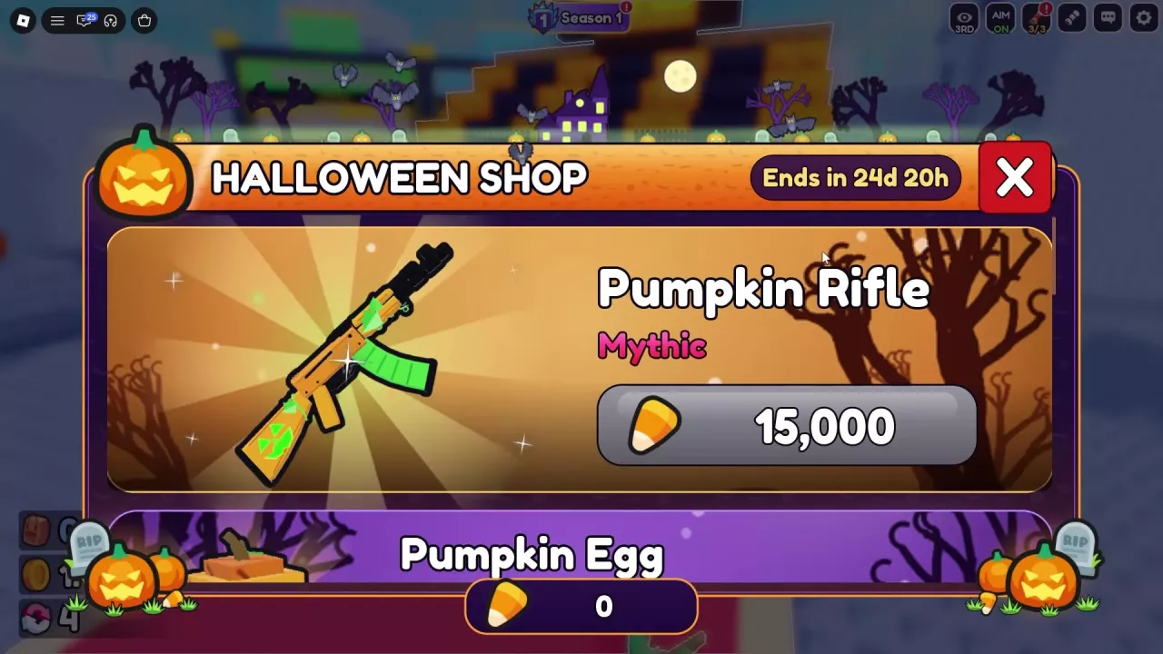 Halloween Shop interface with the Pumpkin Rifle purchase button priced at 15,000 Candy Corn.