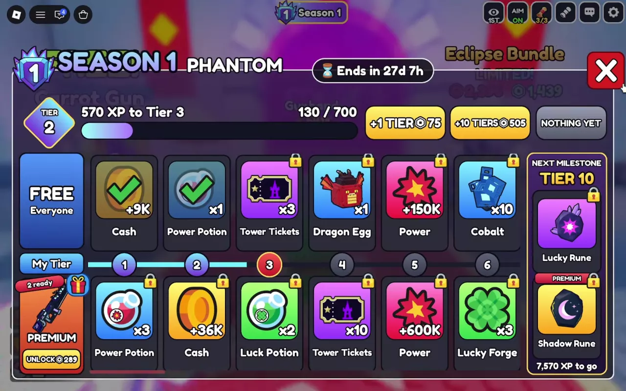 PHANTOM season menu at Tier 2 with 130/700 XP, 570 XP needed for Tier 3, and separate Free and Premium reward rows.