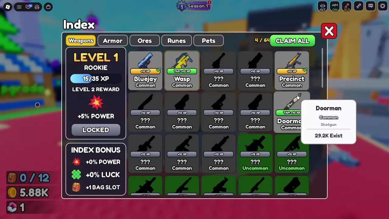 Gun Forge Weapons Index with green TAP! XP strips, claimed checkmarks, and the CLAIM ALL button.