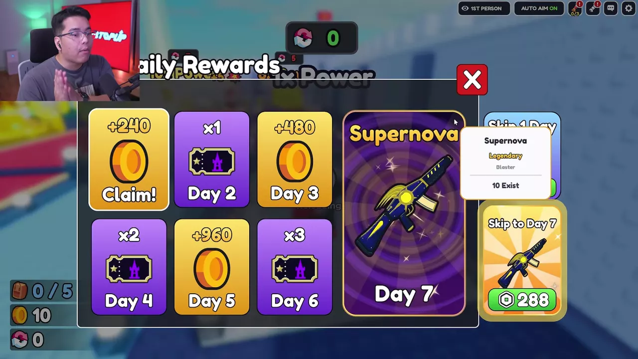 Daily Rewards menu with the Day 1 Claim button, seven reward cards, and Supernova’s Legendary Blaster tooltip.
