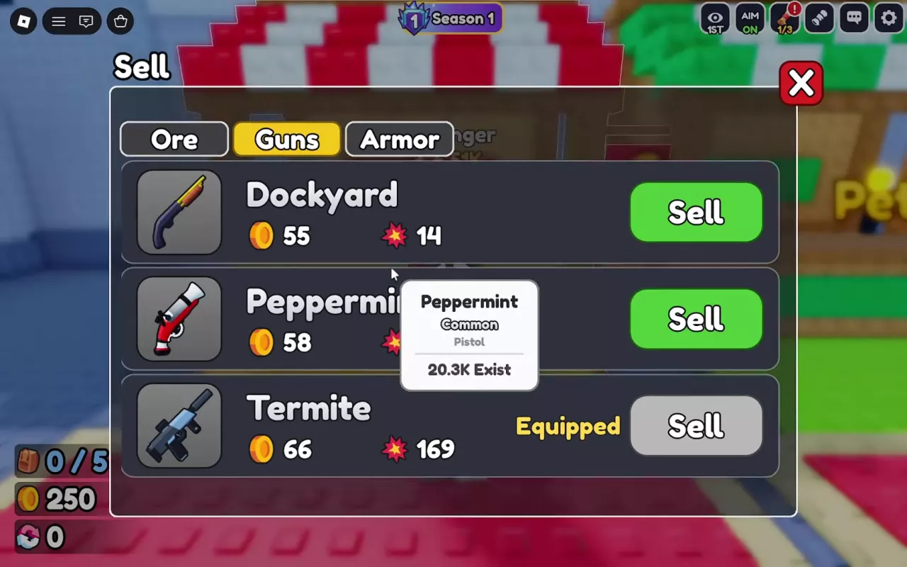 Gun sale quotes with green Sell buttons and an equipped Termite with a gray Sell button.