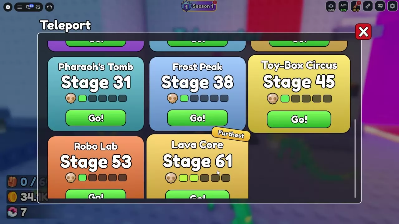 Teleport menu lists region starting stages, Go! buttons and Lava Core marked Furthest.