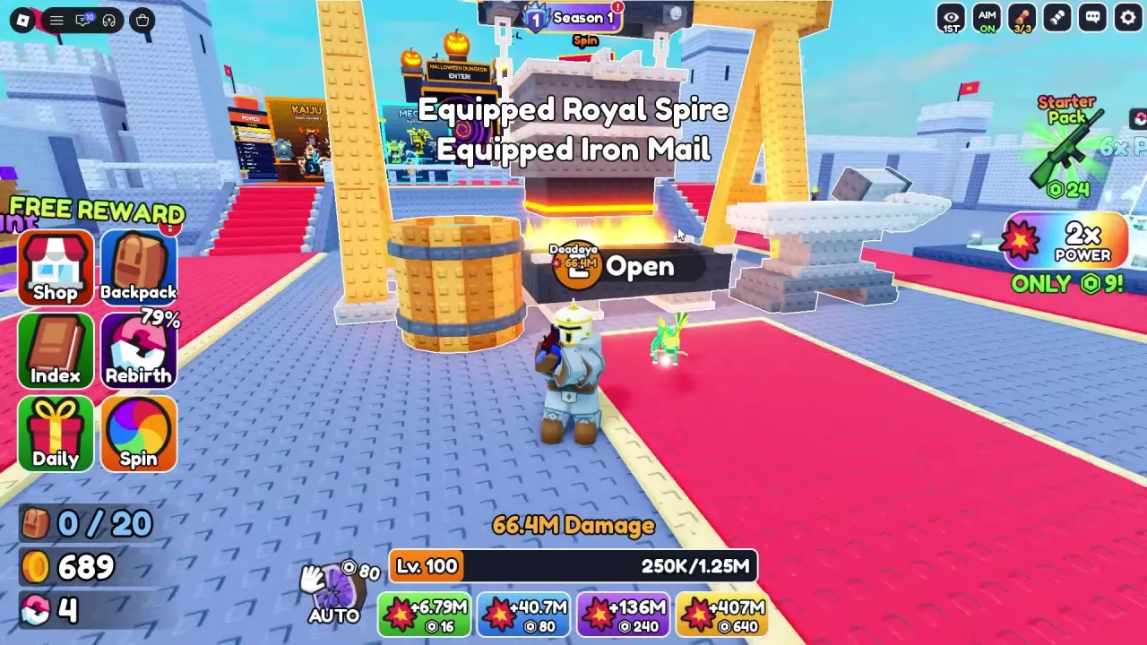 Royal Spire and Iron Mail equipped together, with both confirmation messages above the character.