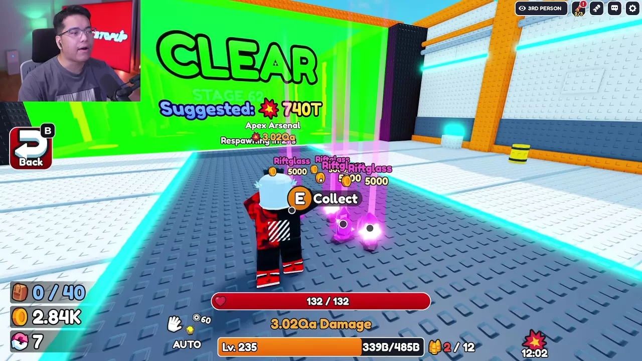 Riftglass drops labeled 5,000 Coins beside the E Collect prompt in Robo Lab.